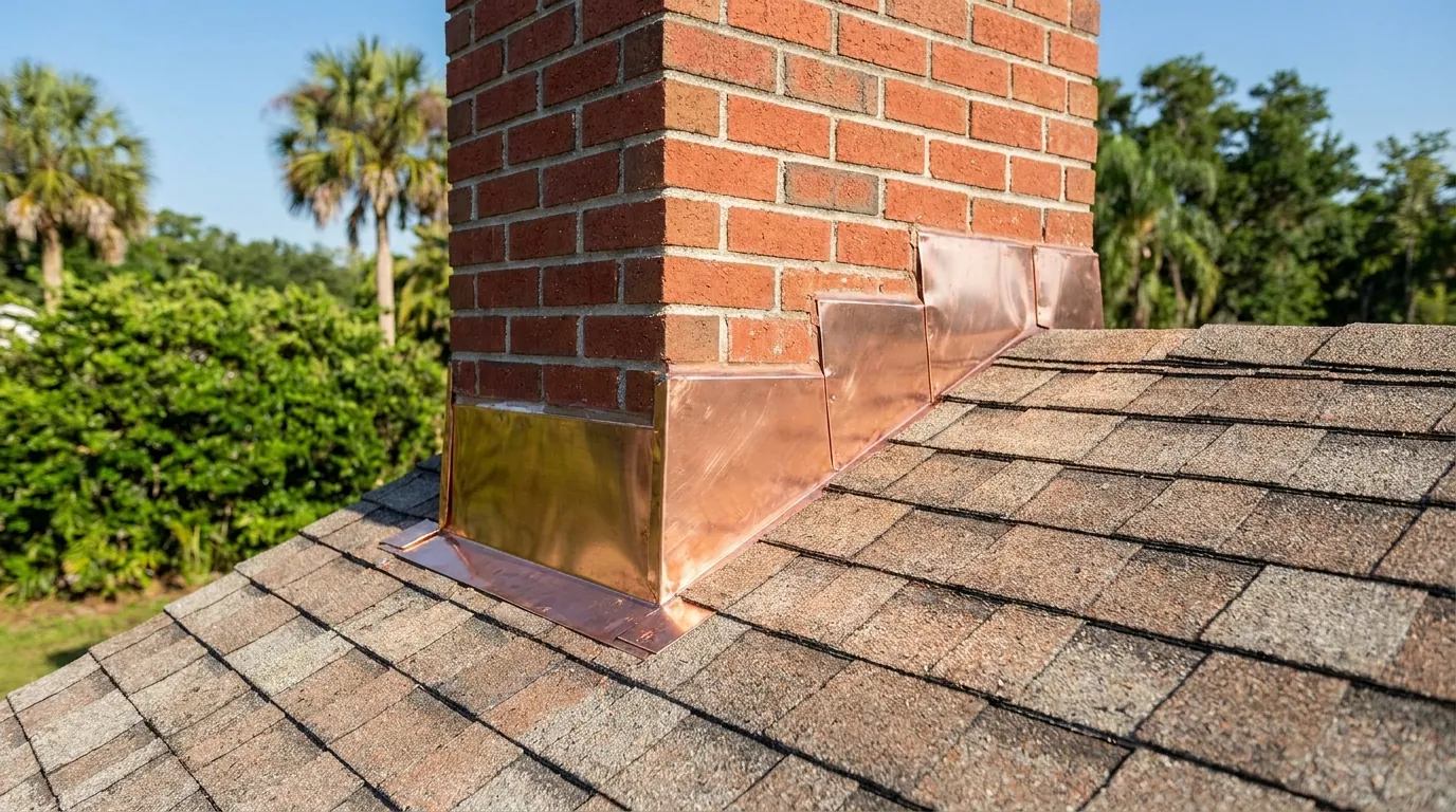 Chimney flashing repair at the roof line of a Tamarac home