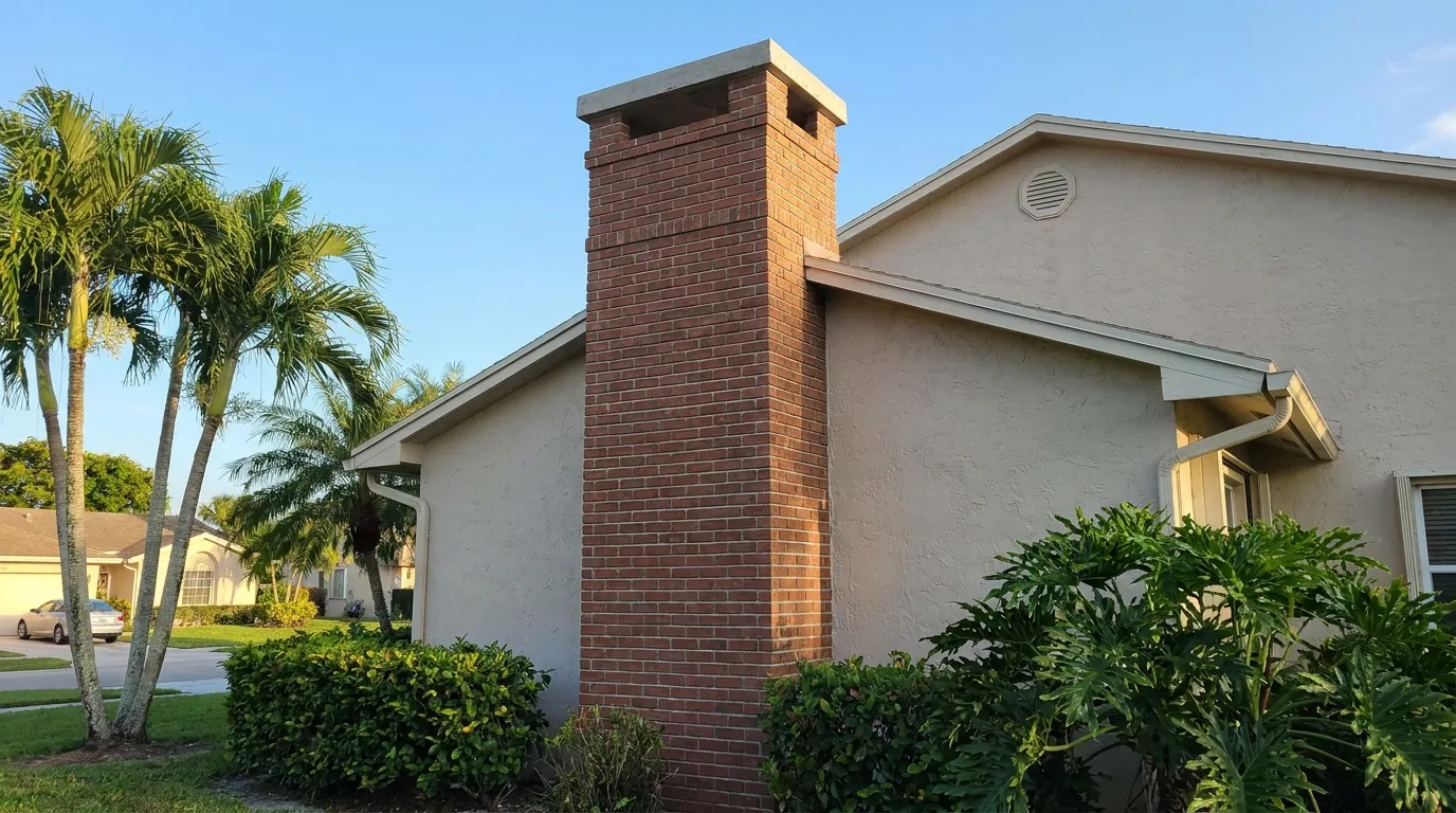 Newly rebuilt brick chimney with fresh crown on a home in Tamarac, FL
