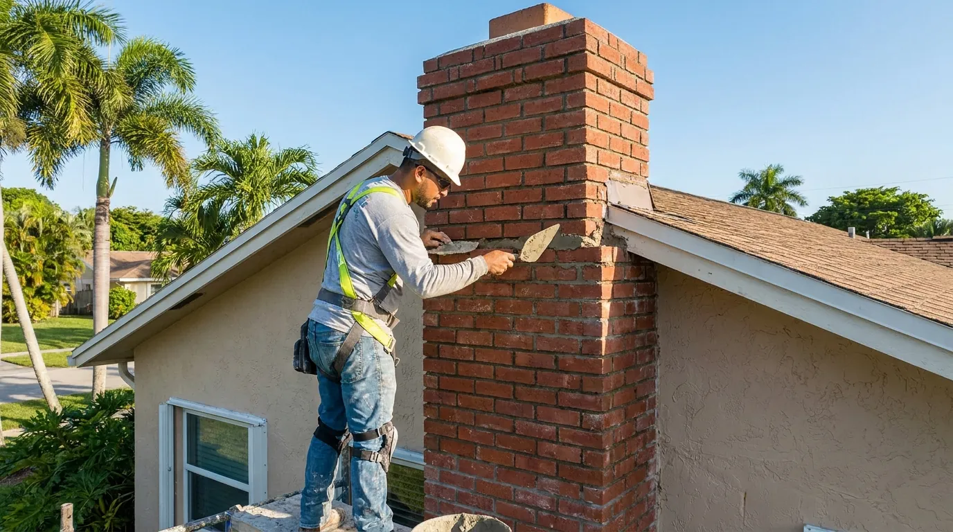 Worker repairing mortar joints on a residential chimney in Tamarac, FL