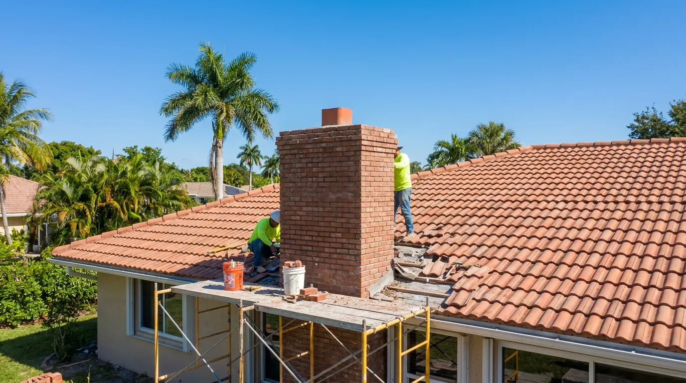 Masonry chimney rebuilt above the roofline of a Tamarac home