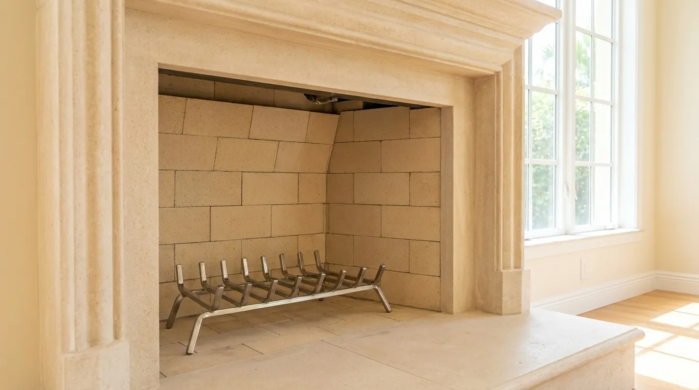 Restored firebox masonry and hearth in a Tamarac home