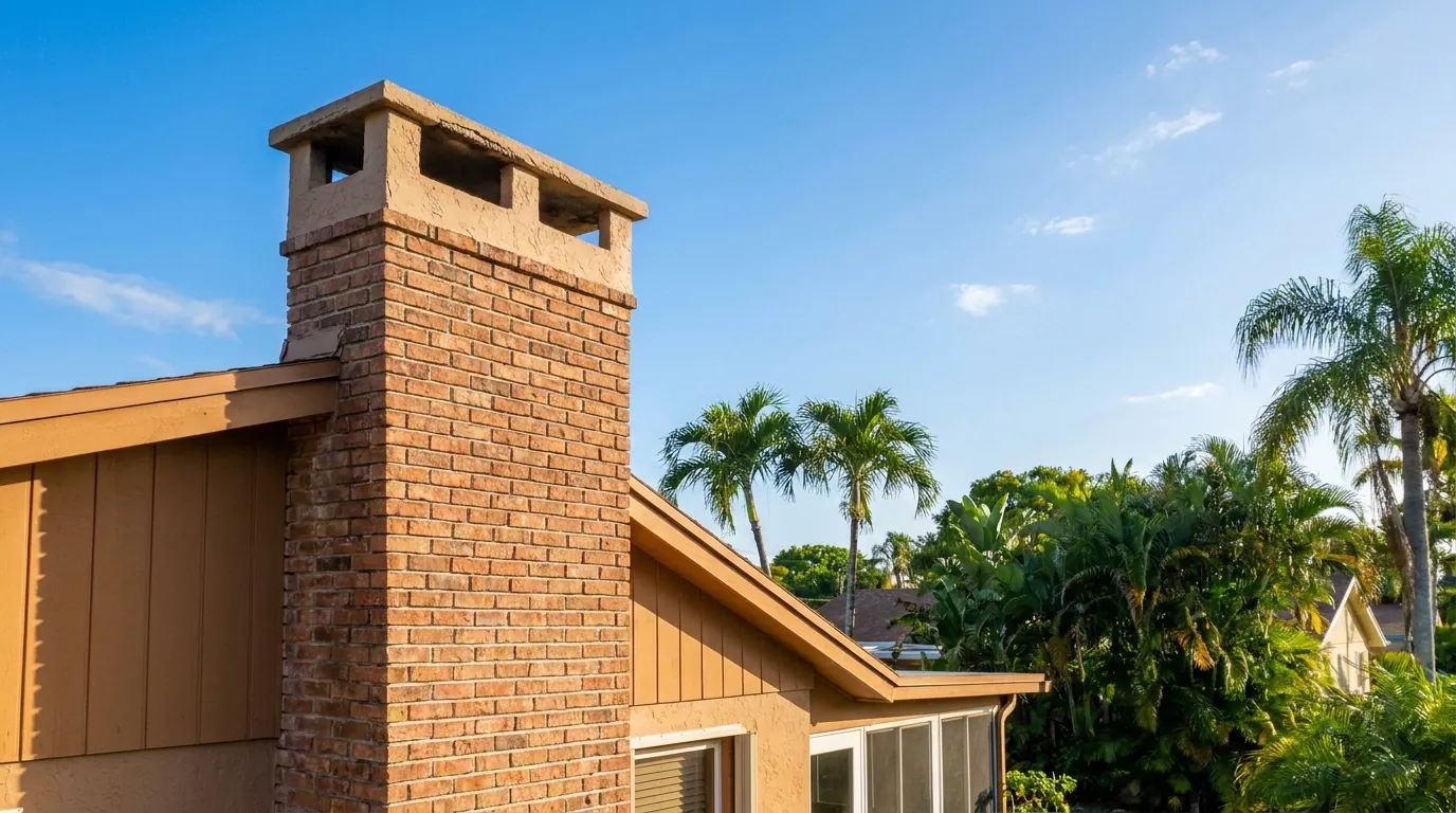 A masonry chimney against a clear South Florida sky in Tamarac