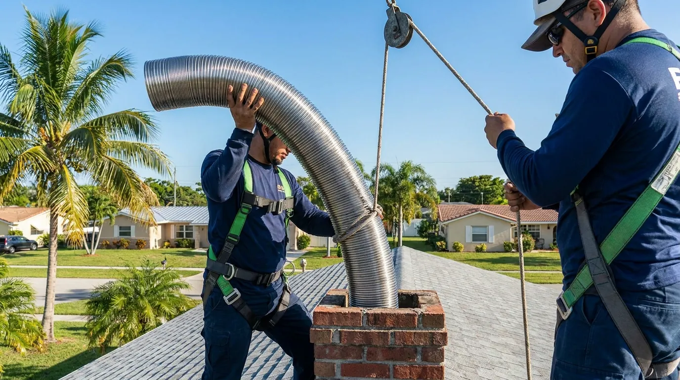 Stainless steel flue liner being installed in a Tamarac chimney
