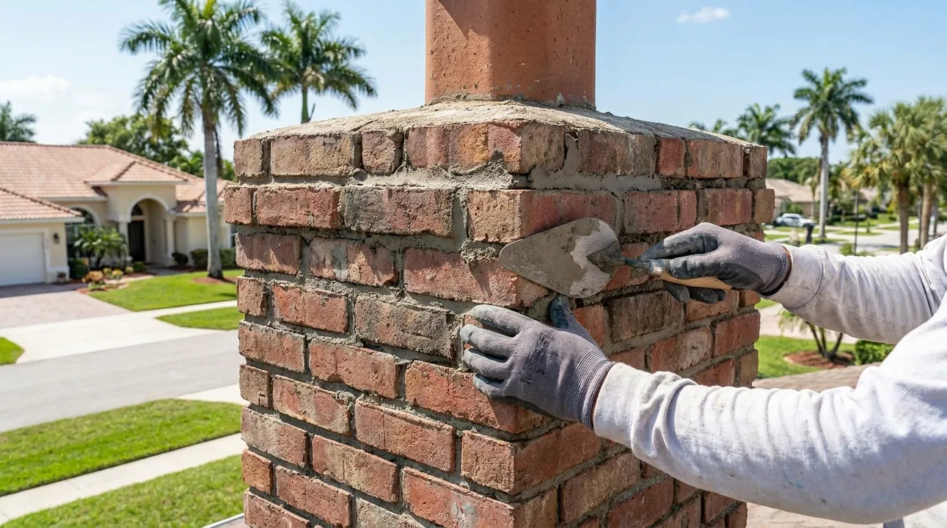 Fresh mortar joints being tooled into a brick chimney in Tamarac